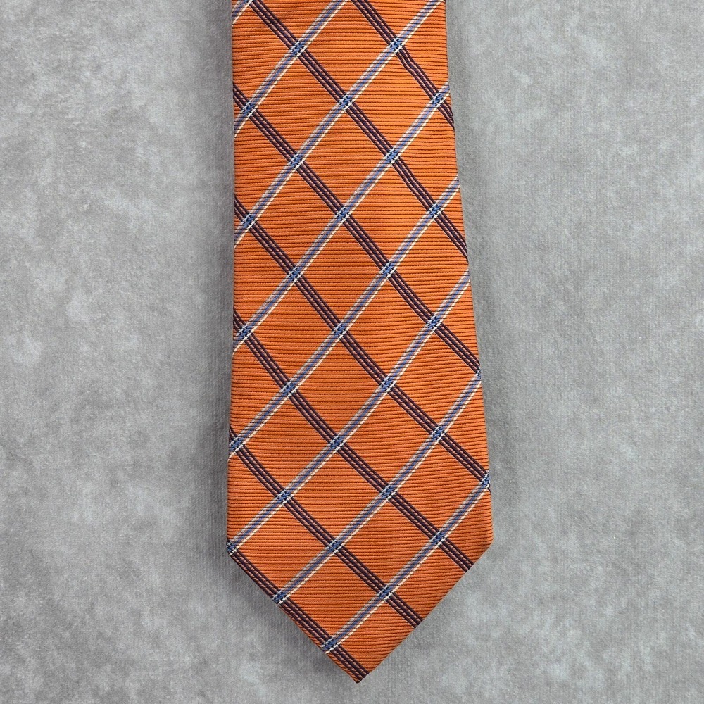 Chaps Orange Blue Plaid Tartan Stripe 100% Silk Handmade Men's Neck Tie NWOT